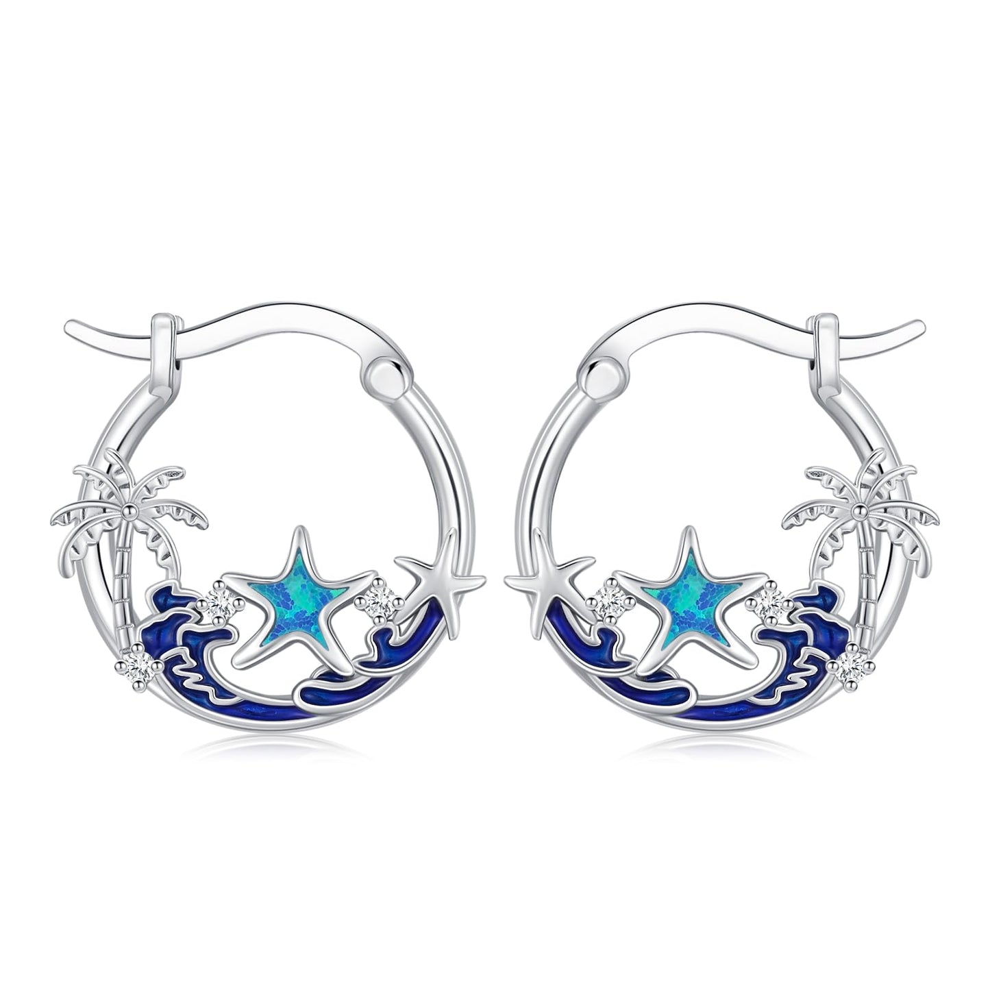 Opal Starfish Earrings 925 Sterling Silver Ocean Hoop Earrings Beach Themed Summer Jewelry Starfish Graduation Gifts for Women Daughter Her