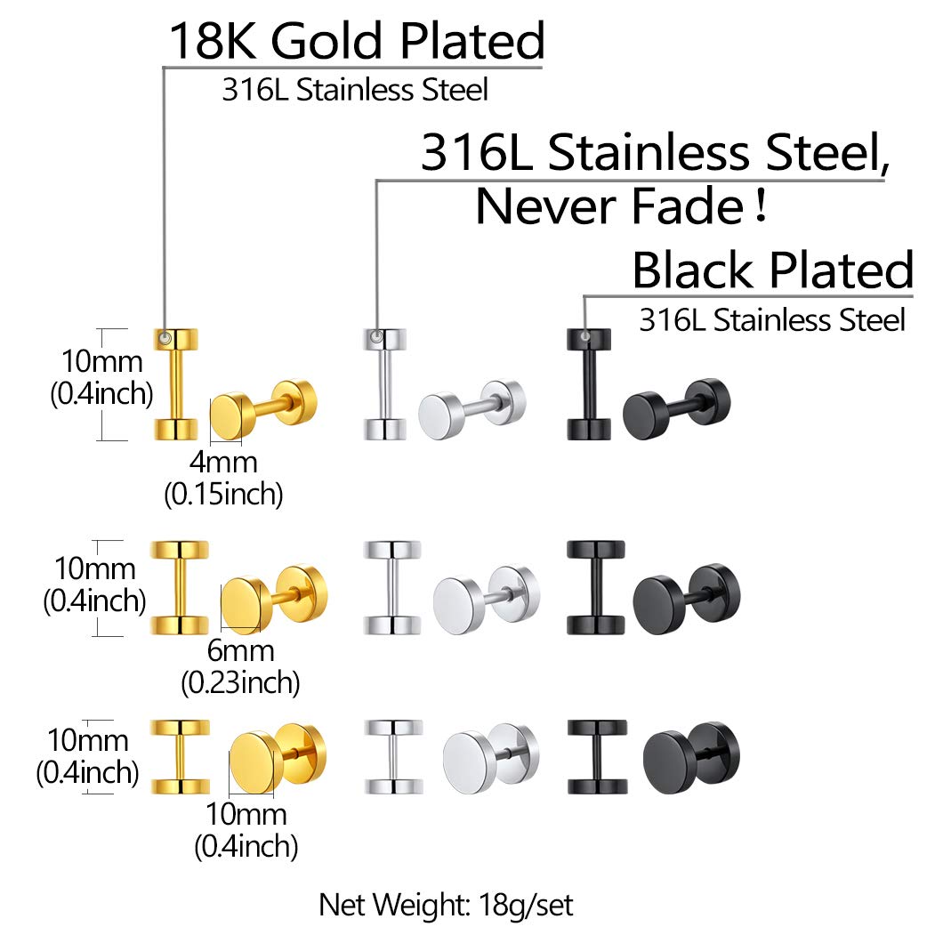 Round Barbell Earring Set for Men Women Stainless Steel Piercing Plugs Cartilage Stud Earrings Hip Hop Jewelry