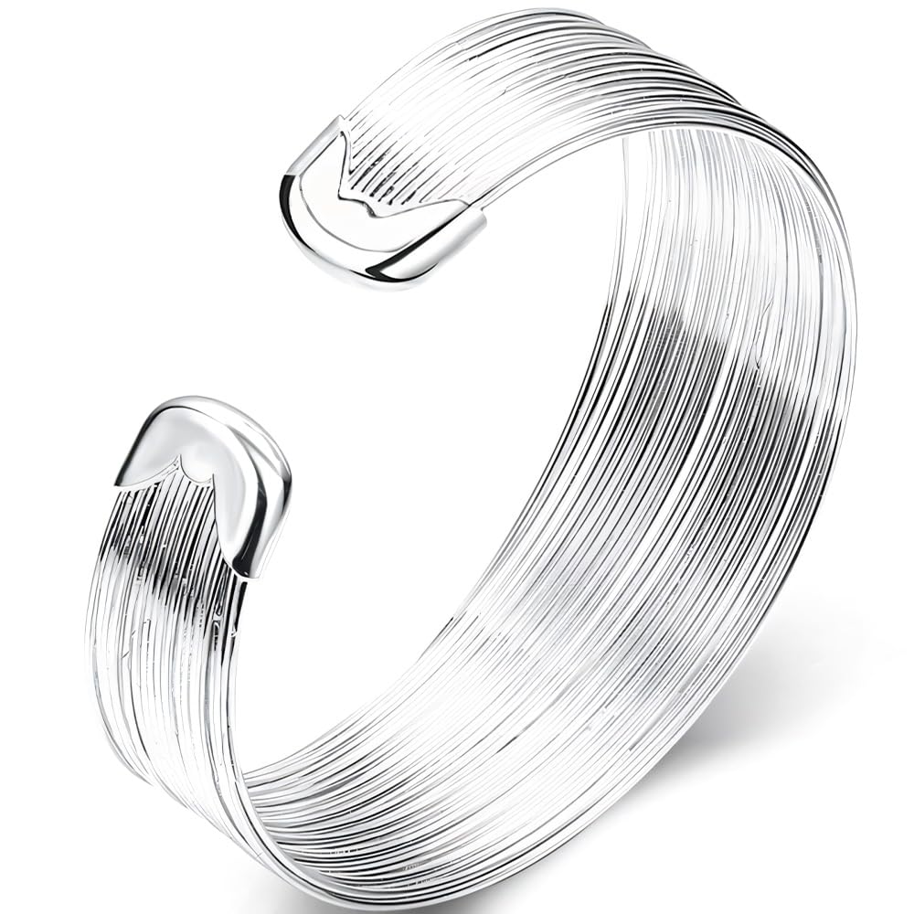 Handmade 925 Sterling Silver Bangle Bracelet For Women Wide Band Metal Wire Bangle Bracelets Chunky Cuff Bangles Simple Silver Cuff Bangles Open Adjustable Bangles For Women Fashion Jewelry Gifts