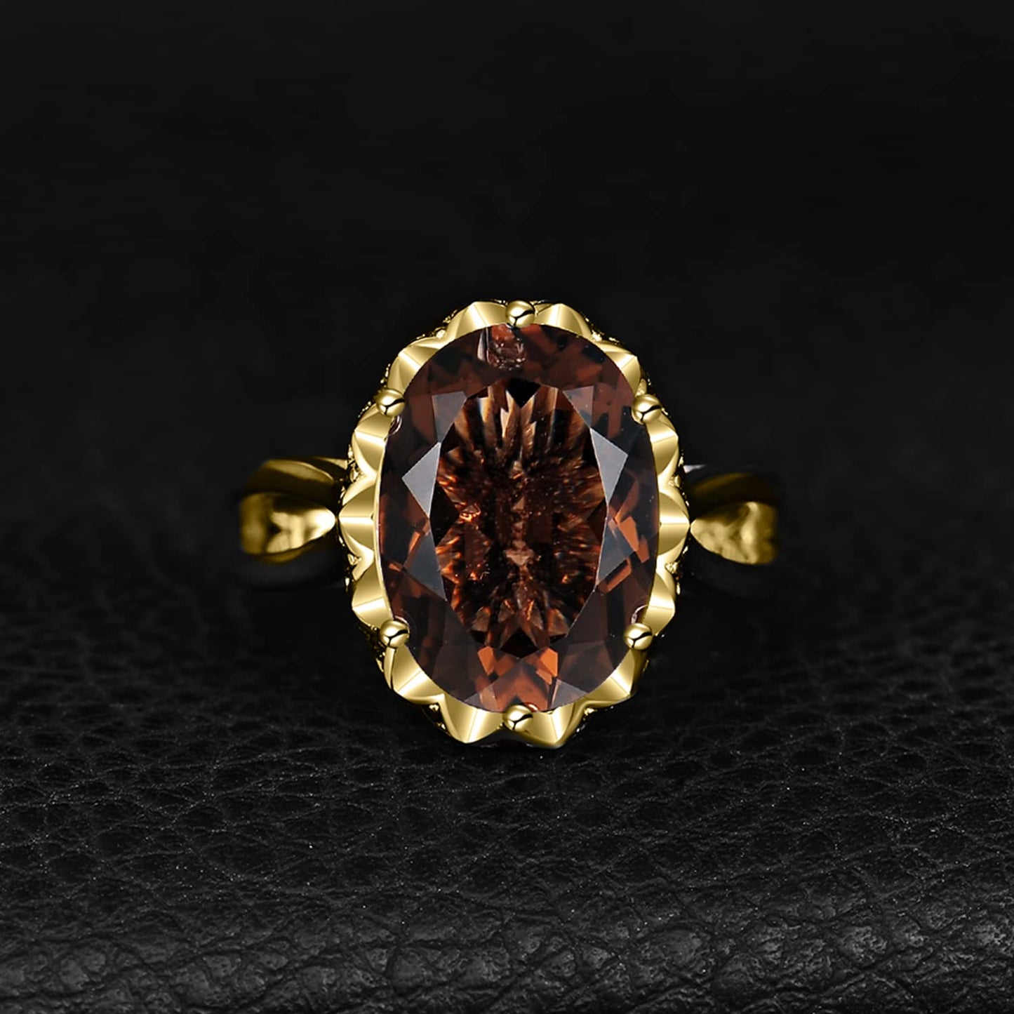 JewelryPalace Huge Oval Shape 5.7ct Genuine Smoky Quartz Cocktail Rings for Her, 14K Yellow Gold Plated 925 Sterling Silver Ring for Women, Natural Gemstone Jewelry Sets Rings 6