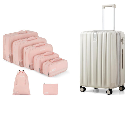 Hanke 7 Sets (Pink) Travel Organizer Bags and 24 Inch Expandable Checked Luggage(Ivory White), Compressible Expandable Packing Organizers,Packing Cubes for Travel
