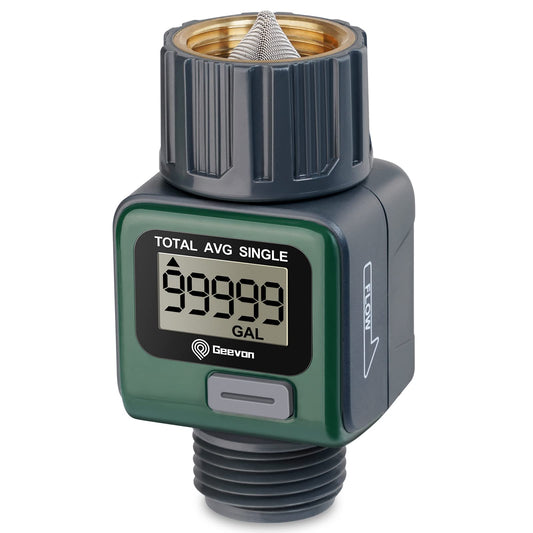 Geevon Garden Hose Water Flow Meter with Brass Inlet Metal Thread, High Accuracy & IPX6 Waterproof for Outdoor Garden Watering, RV Water Tank Filling, Lawn Sprinkler, and Nozzle Sprayer (1 Pack)