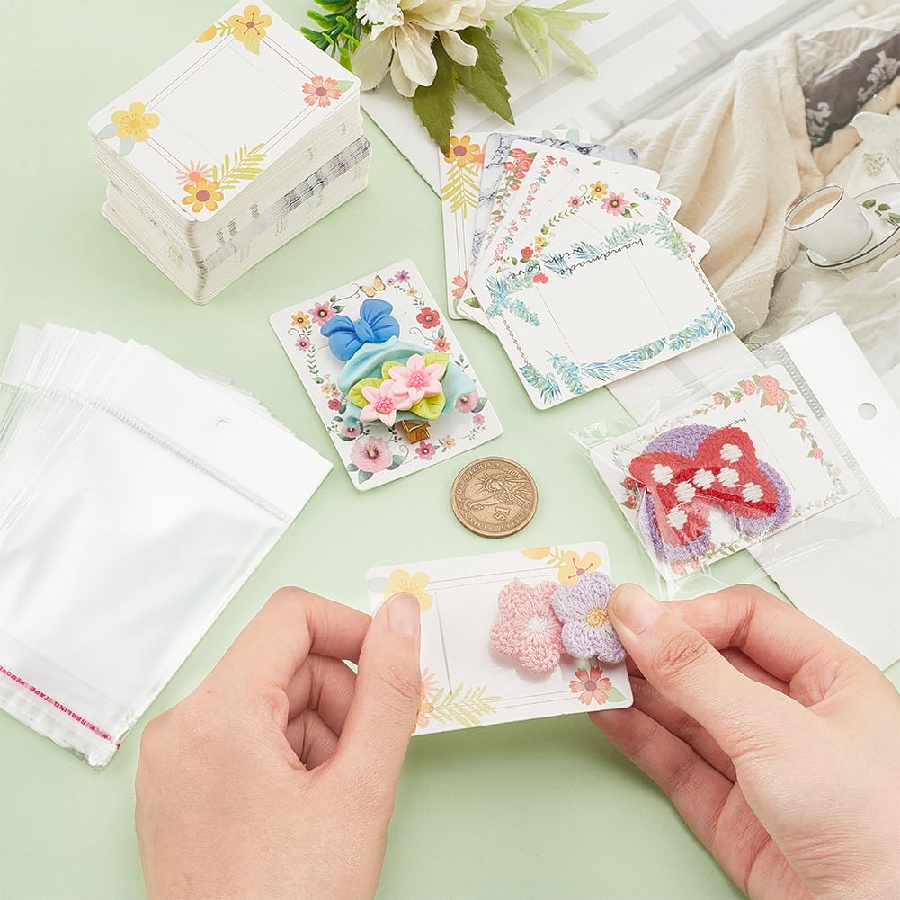 PH PandaHall 120pcs 6 Styles Hair Clip Display Cards, 7 x 5cm Rectangle Kraft Paper Claw Clip Organizer Hair Bow Holder Cards Barrettes Collecting Card with OPP Bags for Hair Selling Small Business