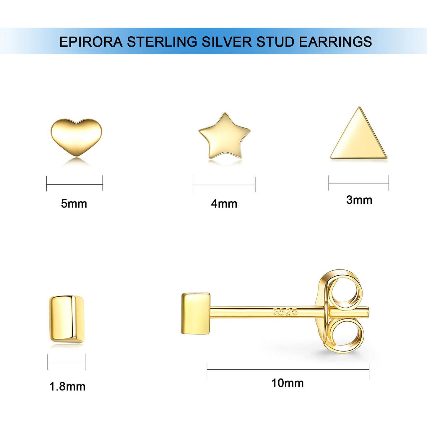 Sterling Silver Stud Earrings for Women Men- 4 Pairs of Hypoallergenic Simple Geometric Small Stud Earring Set Tiny Triangle Square Heart Star Stud Earrings Mini Cartilage Tragus Earrings, Gold