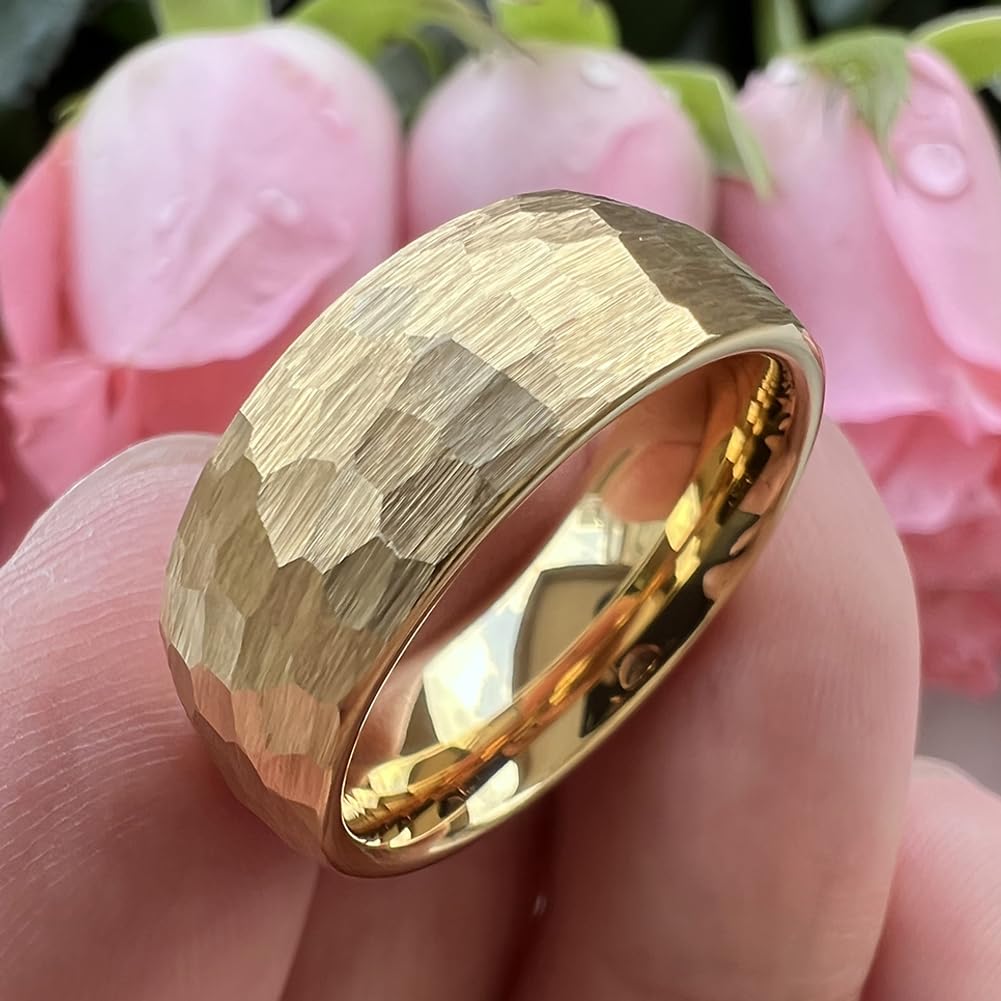 TUTISS 8mm Gold Hammered Tungsten Rings for Men Women Engagement Wedding Bands Domed I Love You Engraved Comfort Fit Size 7