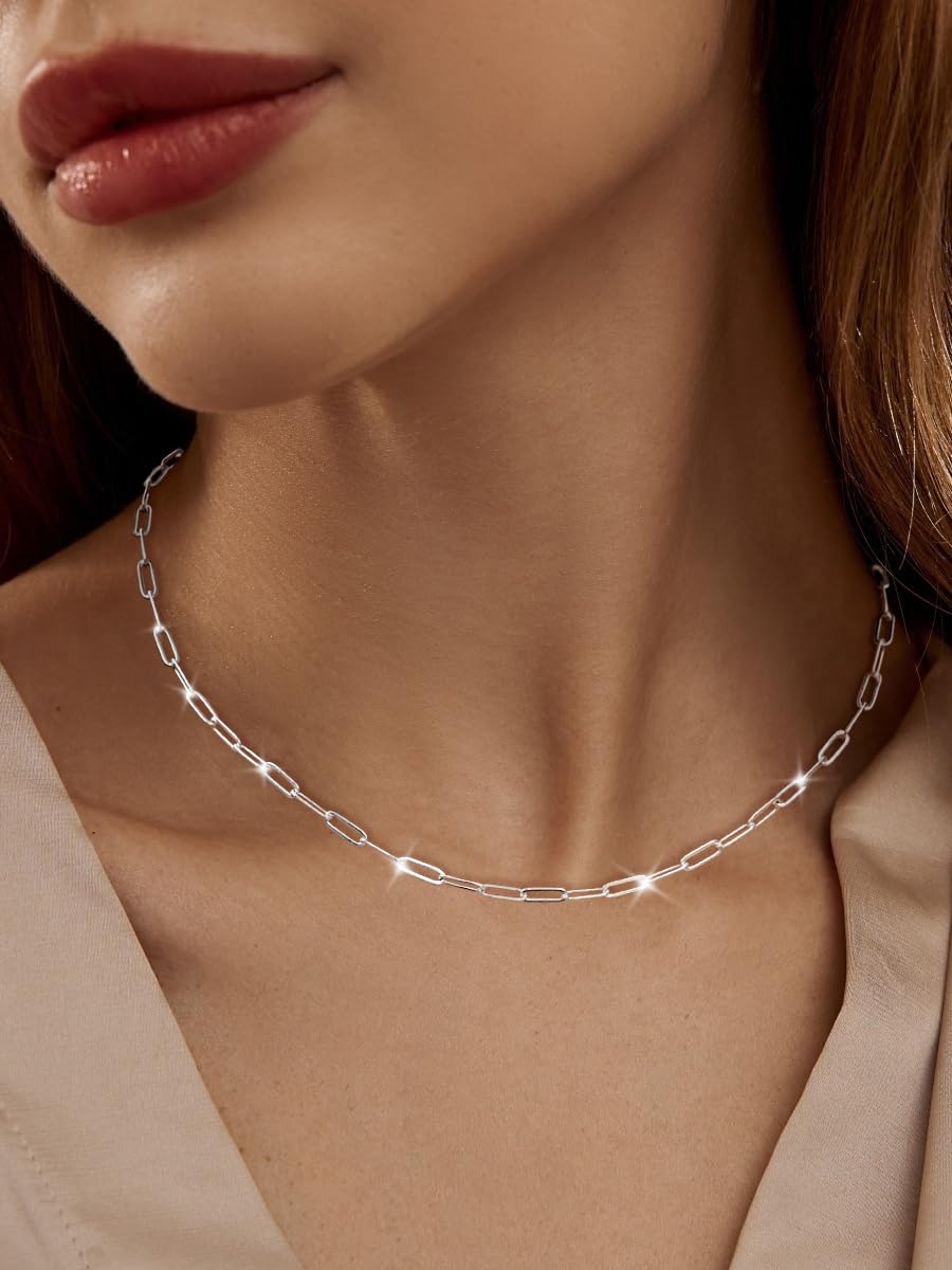 MBW Simple Silver Paperclip Choker Necklace, 14K Gold/Silver Plated Plated Dainty Chain Necklaces for Women Trendy 16in Thin Minimalist Aesthetic Link Necklace Jewelry Necklace for Women