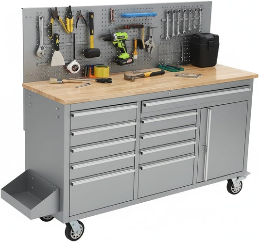 61 Inch Rolling Tool Chest, 10 Drawer Garage Tool Cabinet with Solid Rubber Wood Top, Heavy Duty Mobile Workbench with Power Strip, Lockable Steel Storage Organizer for Workshop and Home, Silver