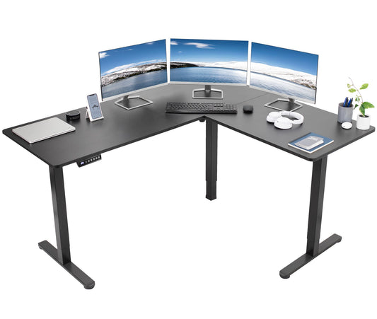 VIVO Corner Standing Desk, 63 x 55 inch Reversible L-Shaped Workstation, Electric Height Adjustment, Home, Office, and Reception Rooms, Black Table Top Black Frame, DESK-E3CTB
