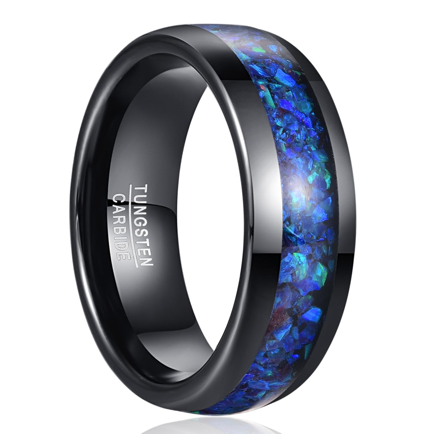 NUNCAD Mens Wedding Ring Tungsten Blue Opal Inlaid Men Black Ring Wedding Band Dome Polished Finish 8mm Comfort Fit Sizes 7