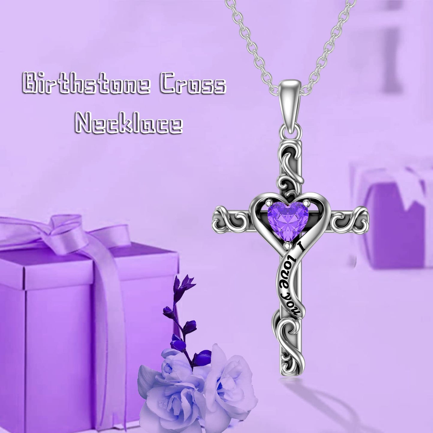 TOUPOP Amethyst Cross Necklace for Women Sterling Silver February Birthstone Cross Pendant Necklace Heart Love Jewelry for Her Girlfriend Wife Mom Anniversary Birthday Mothers Day Gifts