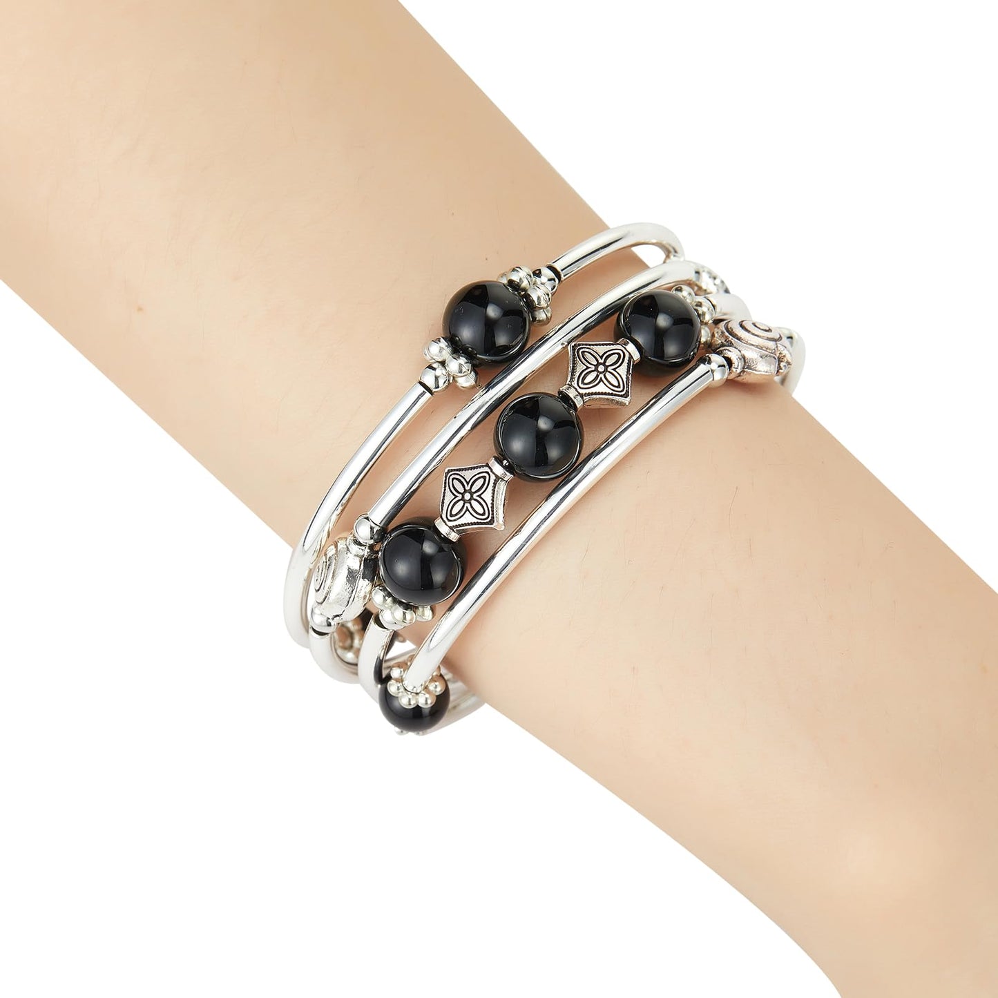 Beaded Pearl Bangle Wrap Bracelet - Fashion Bohemian Jewelry Multilayer Charm Bracelet with Thick Silver Metal Beads, Gift For Women(Black)