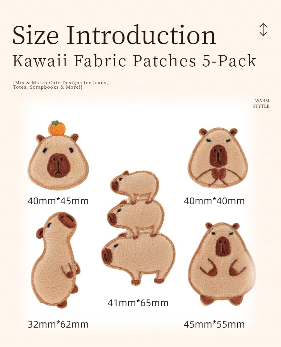 Embroidered Appliqué Capybara Kit 5 Pcs Iron On Appliques for DIY Crafts Floral Appliques for Clothes Cartoon Capybara Patches Perfect Craft Gifts for Kids Children Clothes Backpack Hat