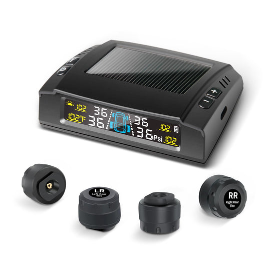 Masoll RV Tire Pressure Monitoring System, M23 Tire Pressure Monitor with Solar Charge & Auto Calibration, TPMS with 4 Sensors & 6 Alarm Modes & HD Color Display, 0-87 PSI for RV/Trailer/Camper/Sedan