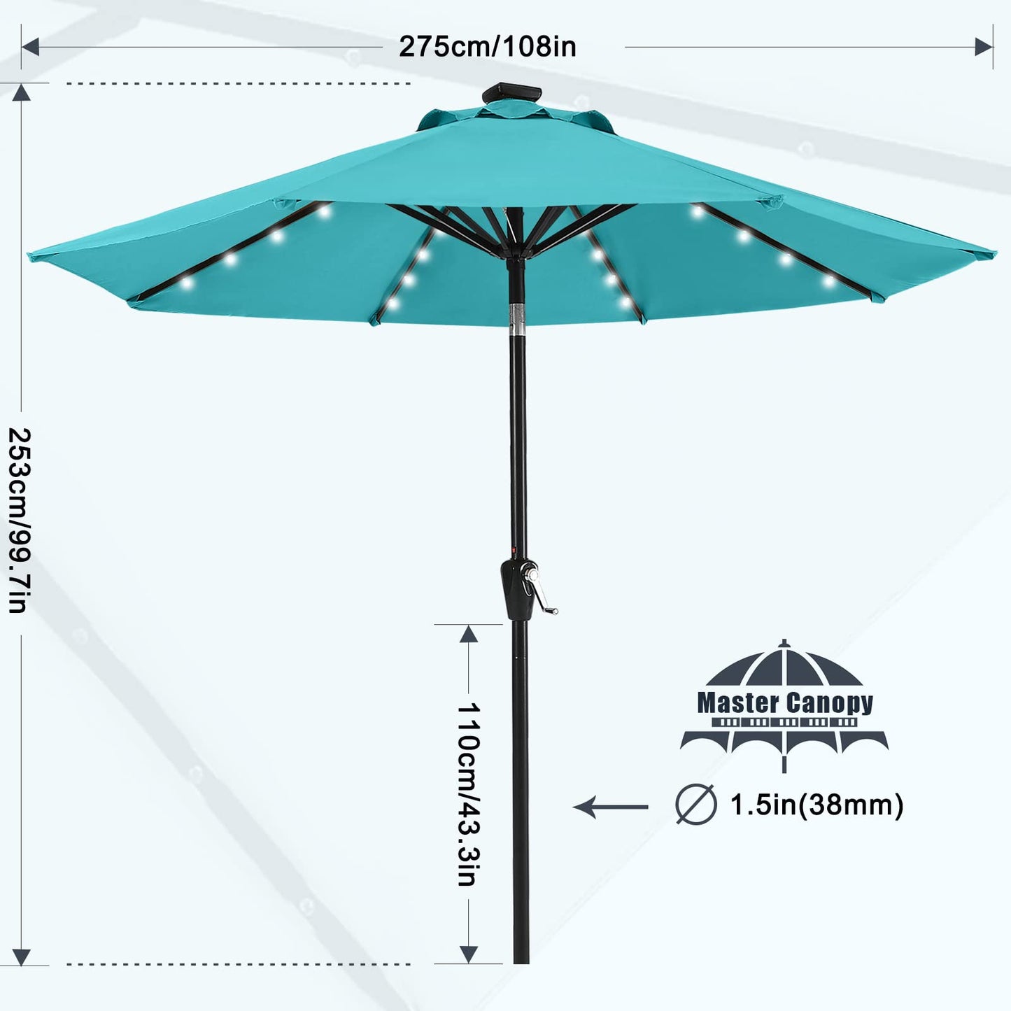 MASTERCANOPY 9FT 8Ribs Patio Umbrella with 32 Solar LED Lights, Outdoor Market Umbrella with Tilt & Crank, UV Protection & Fade Resistant Fabric, Easy Set-Up for Garden, Deck, Pool (Turquoise)