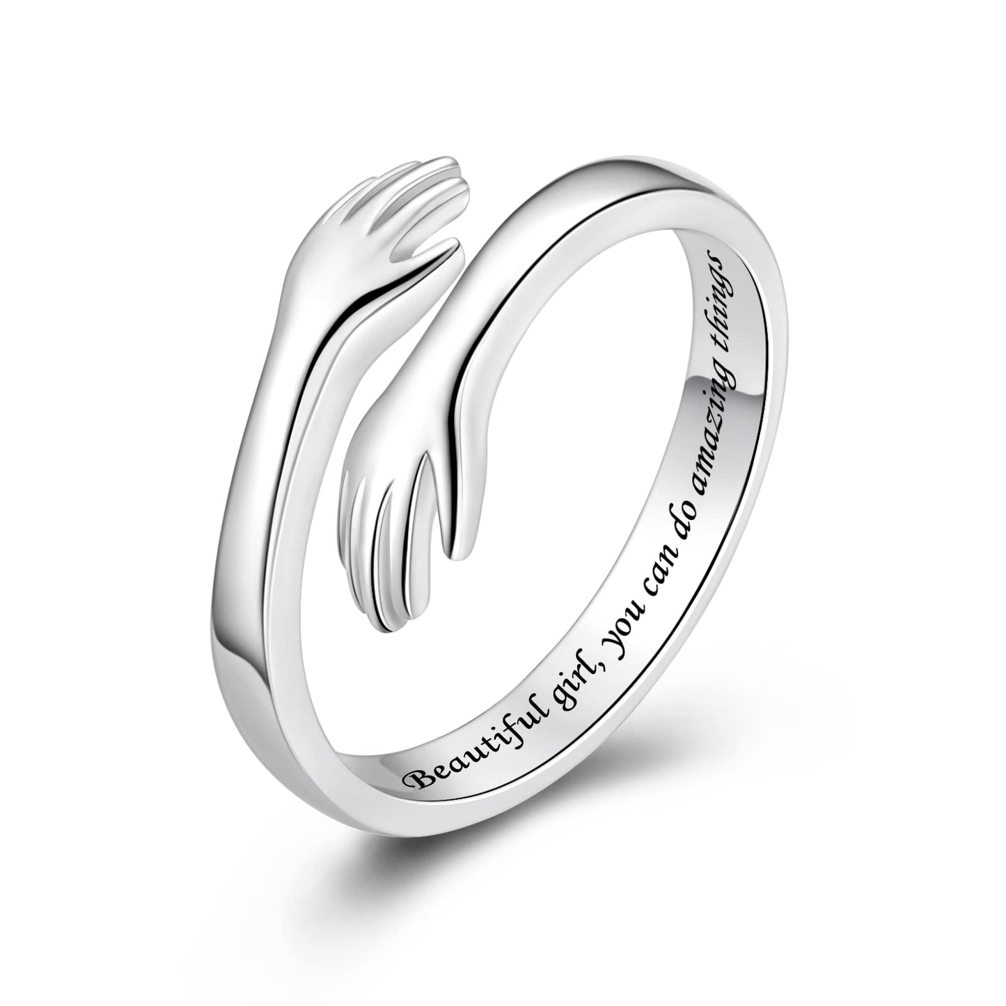 ACJFA Hug Rings for Women Sterling Silver Adjustable Ring for Women Daughter Hand Ring Jewelry for Birthday Gifts Holiday Gift for Teens(Beautiful *, you can do amazing things)