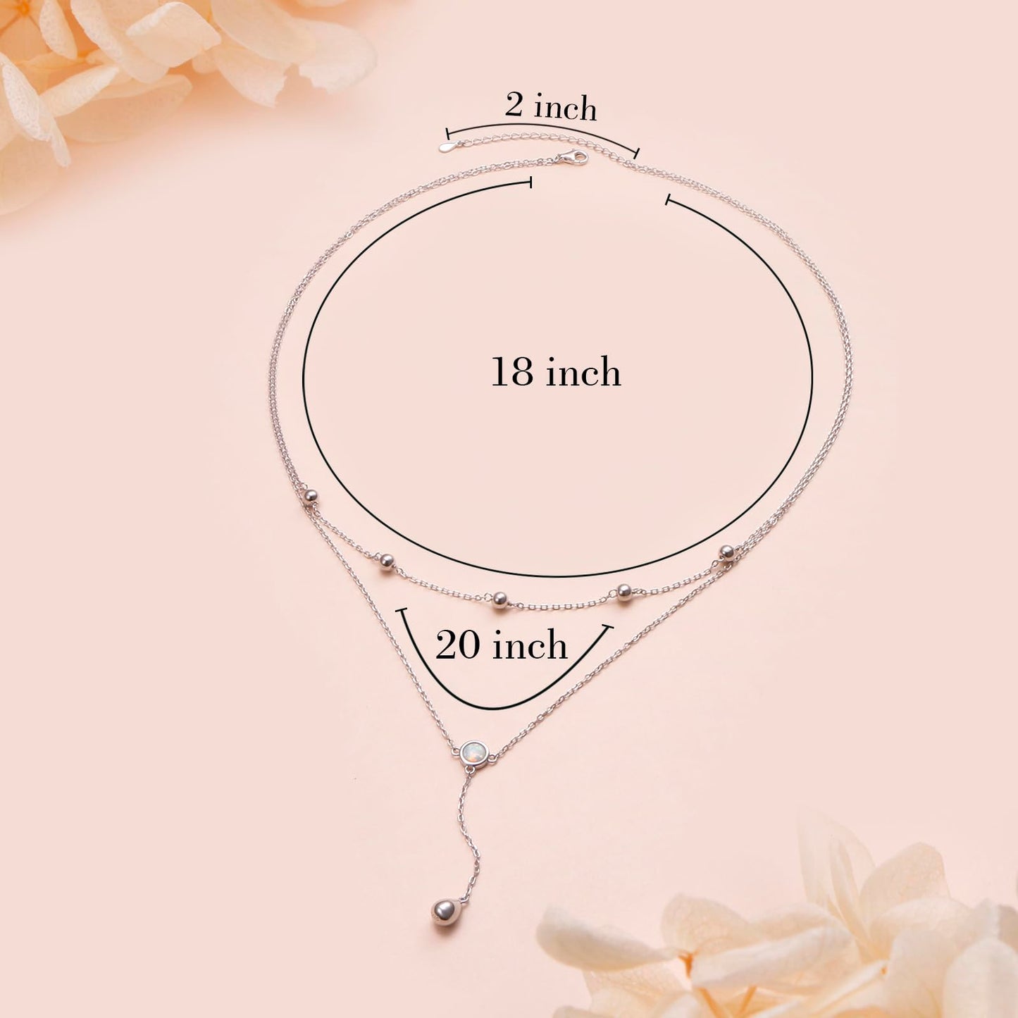 FLYOW S925 Sterling Silver Double Layered Necklace Teardrop White Opal Choker Y Lariat Necklace Mothers Day Birthday Gifts for Women Wife Fiancée
