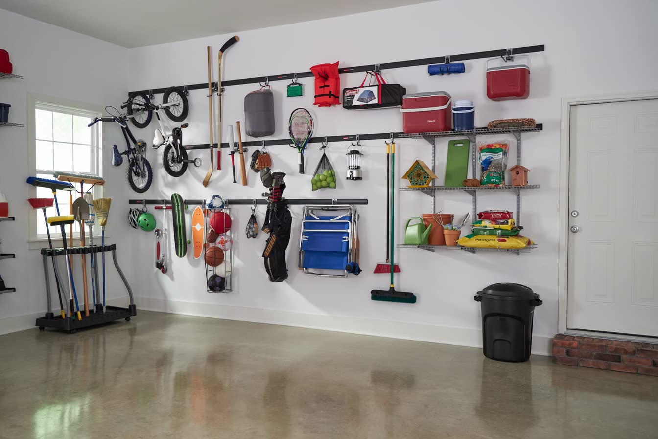 Rubbermaid 24-Piece FastTrack Garage Wall-Mounted Storage Kit, 6 Rails and 18 Hooks, Black, for Home/House/Tool/Sports/Equipment/Utility Purposes