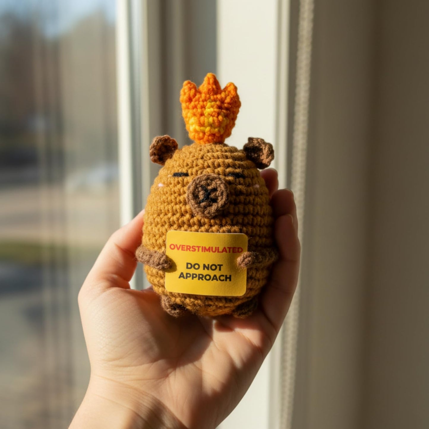 Overstimulated Do Not Approach Desk Sign, Handmade Crochet Capybara Plush with Card, Mini Desk Decor with Wooden Stand, Gift-Ready Organza Bag, Funny Office Cubicle & Home Office Gift