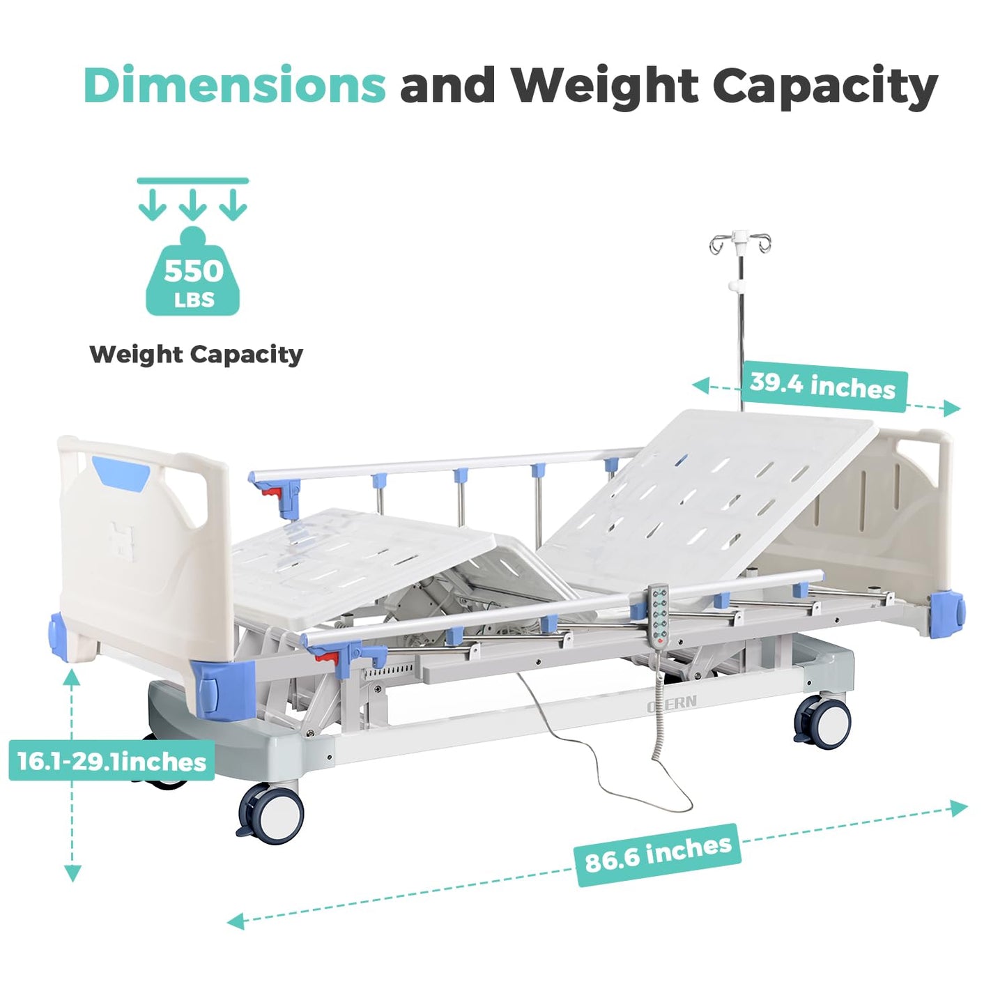OLERN Premium 3 Function Full Electric Hospital Bed with 4.7" Memory Mattress for Home Use-16.1"-29.1" Height Range, Central Control System-5" Casters, 550LBS Loading, Adjustable Medical Bed Frame