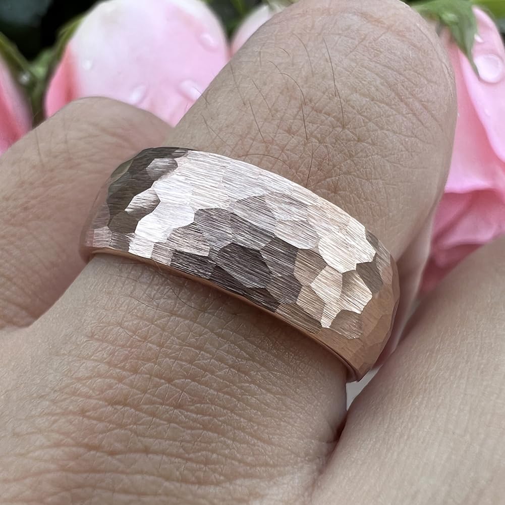 TUTISS 8mm Rose Gold Hammered Tungsten Rings for Men Women Engagement Wedding Bands Domed I Love You Engraved Comfort Fit Size 7