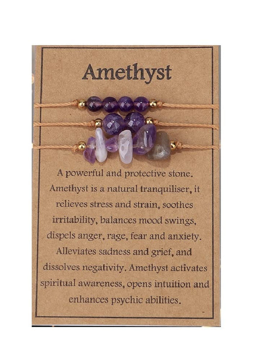 3Pcs Natural Stone Bracelet for Women Men Healing Crystal Chip Bead Bracelets Spiritual Amethyst Rose Quartz Chakra Bracelets Set Anxiety Reiki Energy Power Healing Crystals Jewelry(Amethyst)