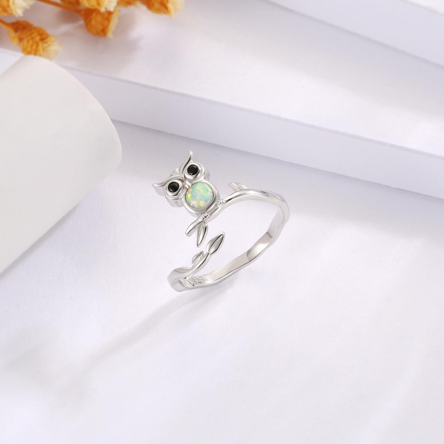 Zepmais 925 Sterling Silver Animal Ring - Adjustable Open Owl Axolotl Rings with Heart Cubic Zirconia Opal Cute Animals Jewelry Gifts for Women (Owl Ring)