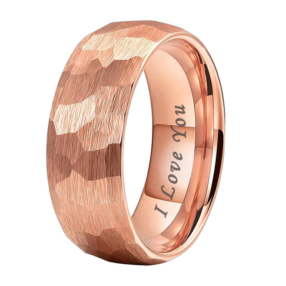 TUTISS 8mm Rose Gold Hammered Tungsten Rings for Men Women Engagement Wedding Bands Domed I Love You Engraved Comfort Fit Size 6