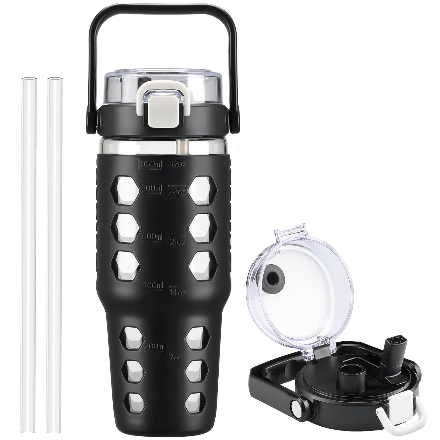 MUKOKO 32 oz Glass Tumbler with Straw,Glass Water Bottles with Time Marker,Iced Coffee Cup with Silicone Sleeve,Motivational Drinking Bottles,Leakproof-Black