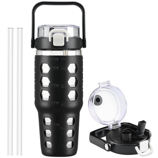 MUKOKO 32 oz Glass Tumbler with Straw,Glass Water Bottles with Time Marker,Iced Coffee Cup with Silicone Sleeve,Motivational Drinking Bottles,Leakproof-Black