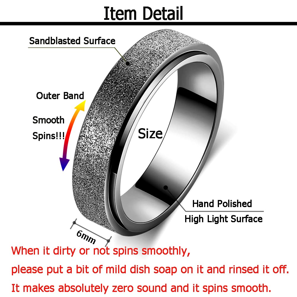 Titanium Stainless Steel Anxiety Ring for Women Men Fidget Spinner Ring Size 10 Width 6MM Black Sand Blasted Finish