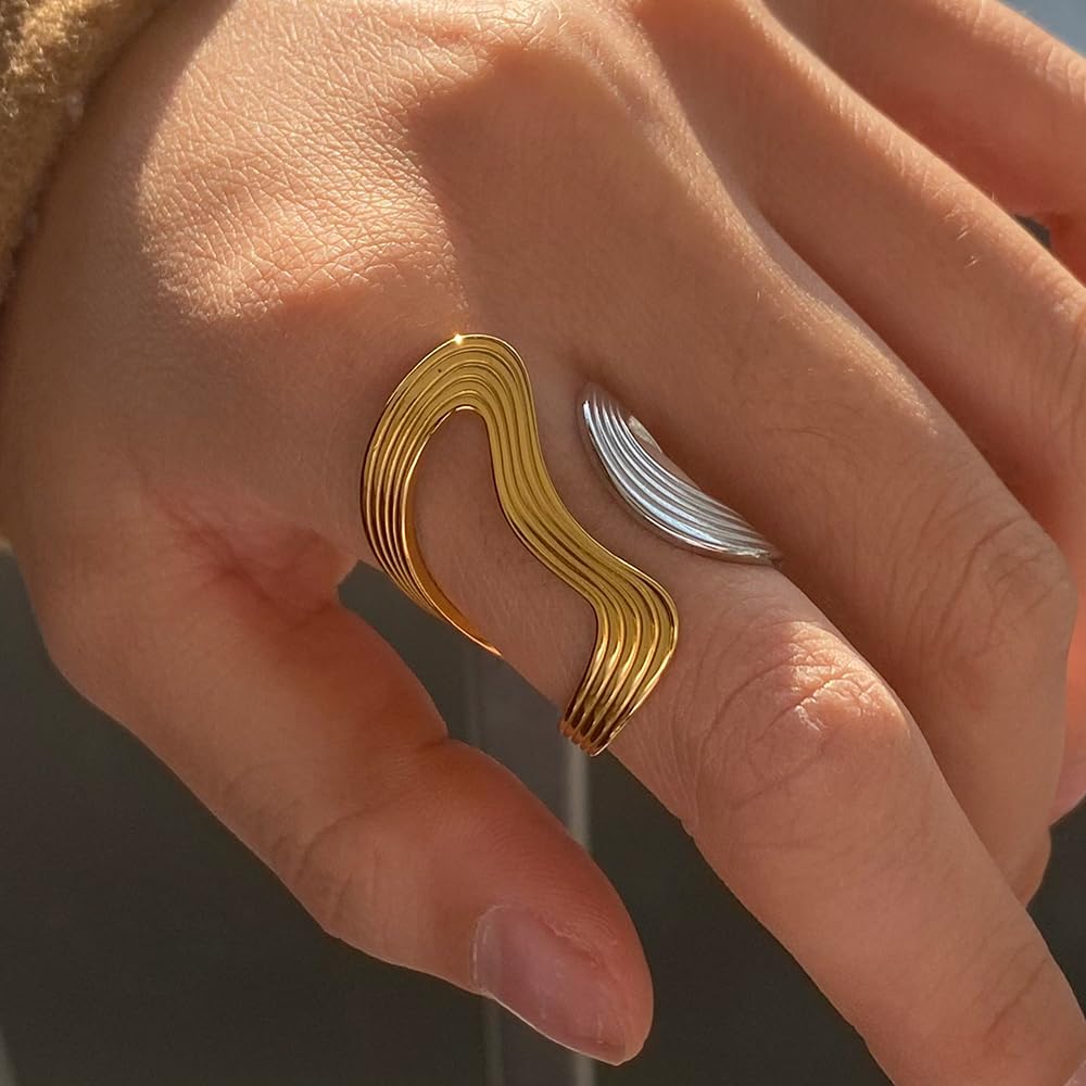 AIETUE Chunky Rings For Women, Gold Silver Thumb Ring Asymmetrical Wavy Curve Ring Adjustable Non Tarnish Dainty Stainless Steel New Year Anniversary Birthday Jewelry Gift (Trendy-G&S Mixed)