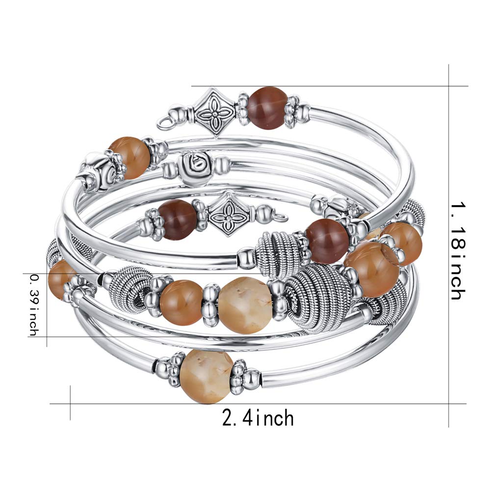 PEARL&CLUB Beaded Chakra Bangle Turquoise Bracelet - Fashion Jewelry Wrap Bracelet with Thick Silver Metal and Mala Beads, Birthday Gifts For Women(Brown)
