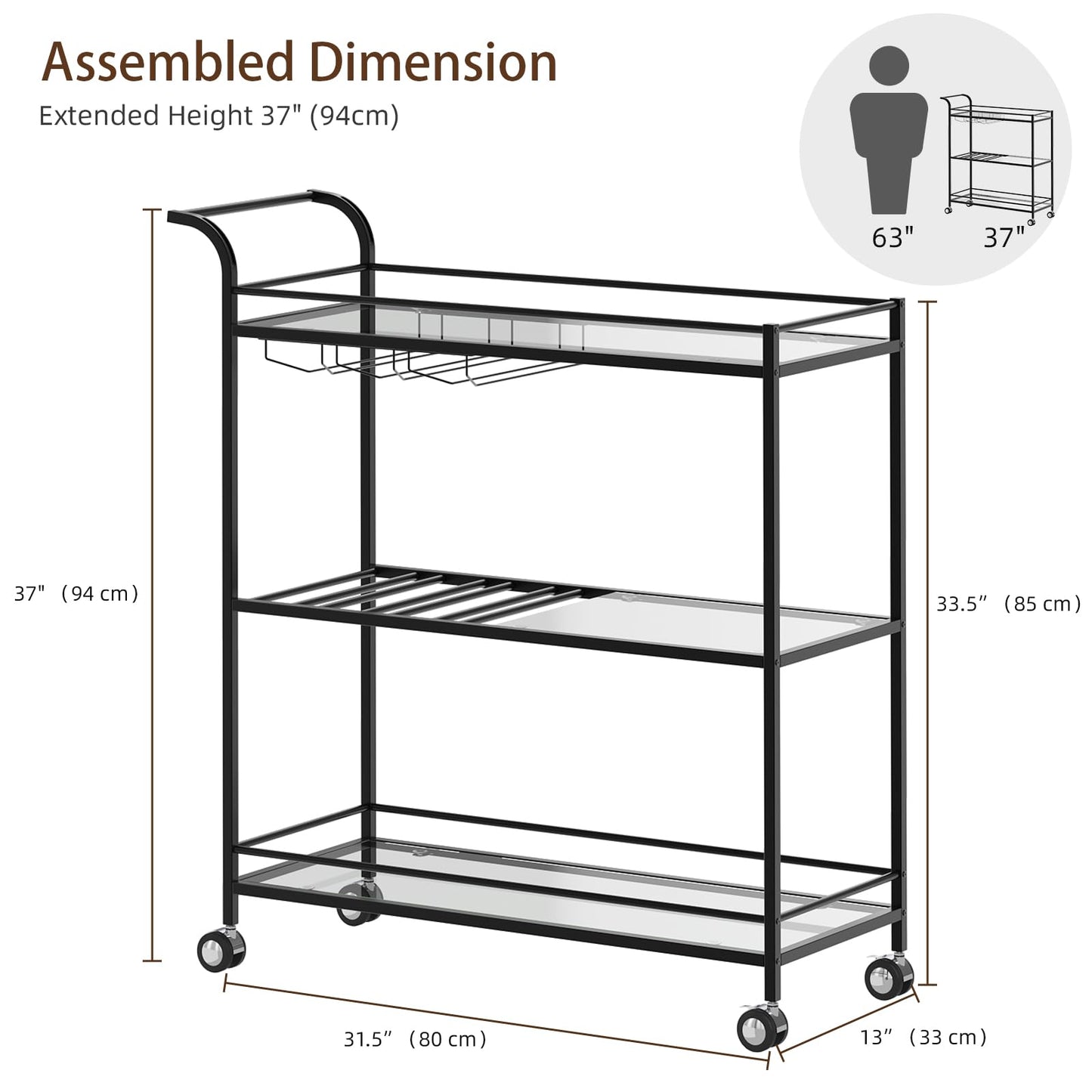 Alihdrna Black Bar Cart, Home Bar Serving Cart with Handle, Wine Cart with 3-Tier Glass Shelves, Beverage Cart with Wine Rack and Glass Holder, Bar Carts for The Home, Dining Room, Living Room