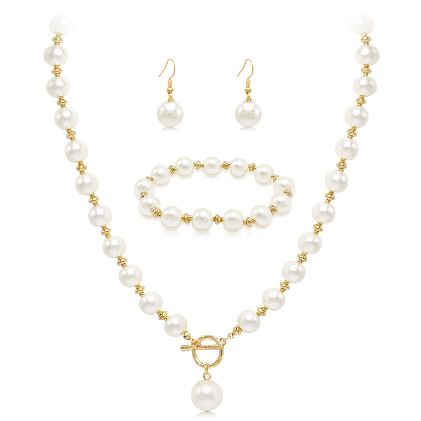 Cryshimmer Pearl Choker Necklace for Women Faux Pearl Bead Necklace Earring Bracelets Set Costume Jewelry (Cream White/Gold Plated)