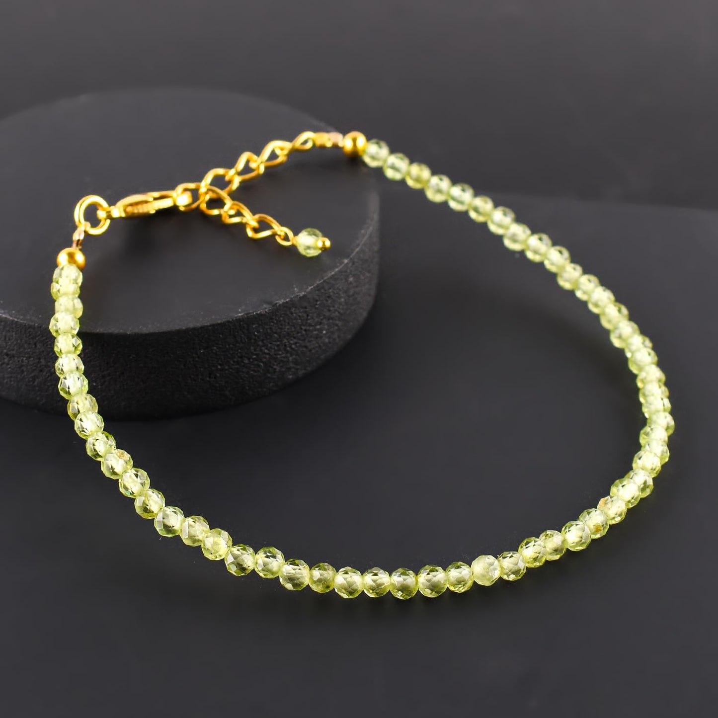 Natural Green Peridot Gemstone Micro Beads Dainty Bracelet Jewelry for Women, August Birthstone, Chakra Energy Crystals, 14k Gold Plated Chain 8 inch Adjustable