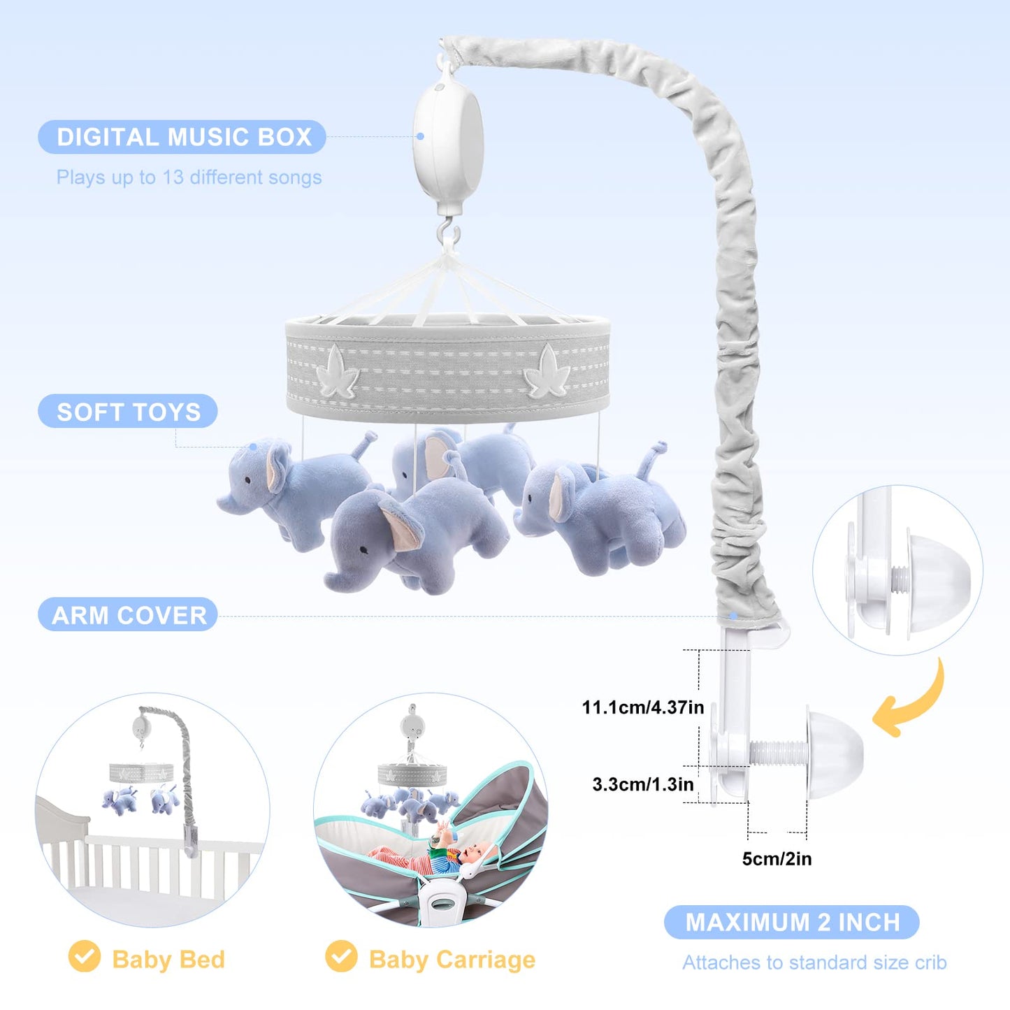 YUNGCHI Baby Mobile for Crib Nursery Musical Mobiles for Girls Toys for Baby Crib Carousel Mobile Boy Mobile for Pack and Play Elephant Parade Crib Decoration Clip on Mobile for Bassinet