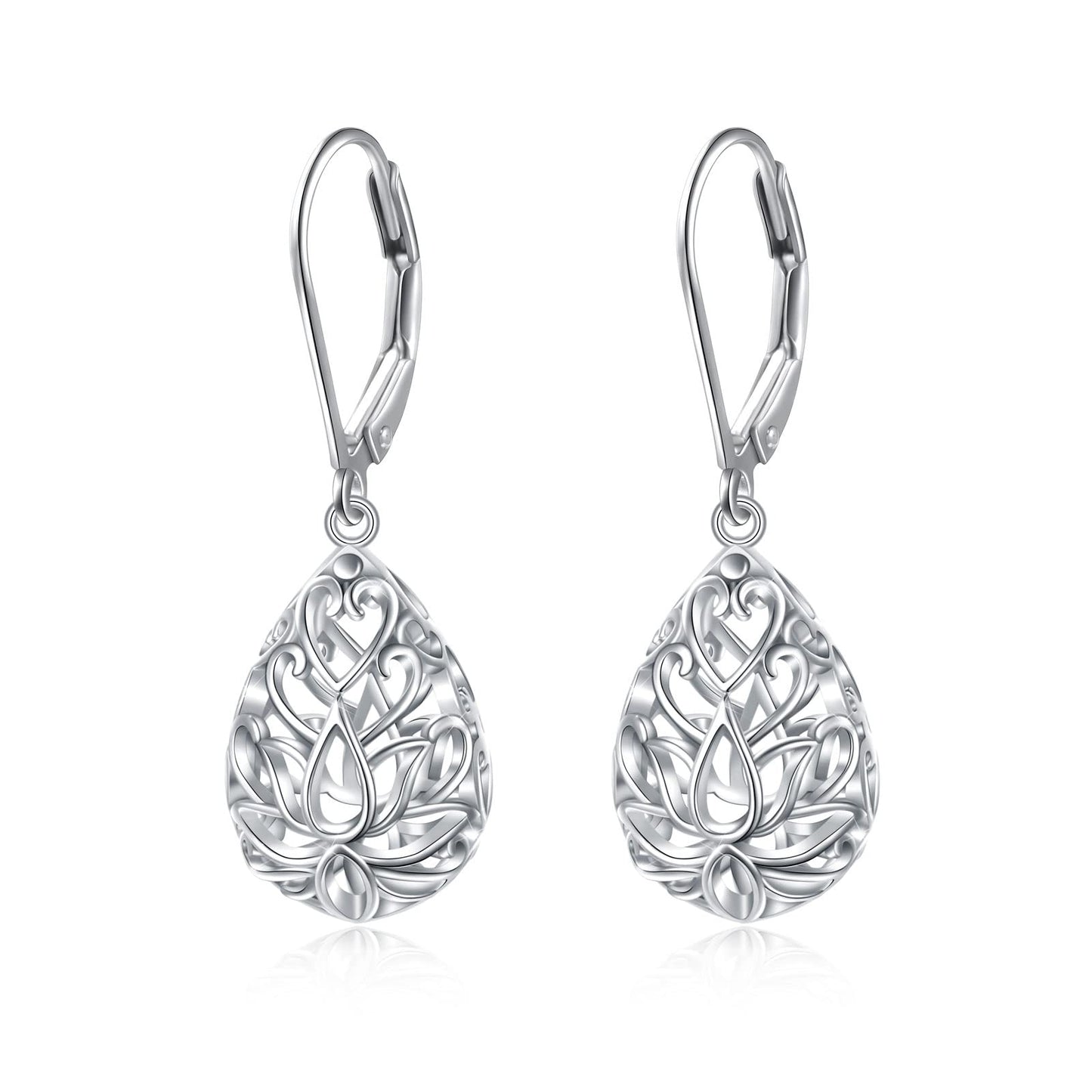 SHAOAN 925 Sterling Silver Filigree Dangle Drop Earrings Flower Lotus Leverback Teardrop Earrings for Women Mother’s Day
