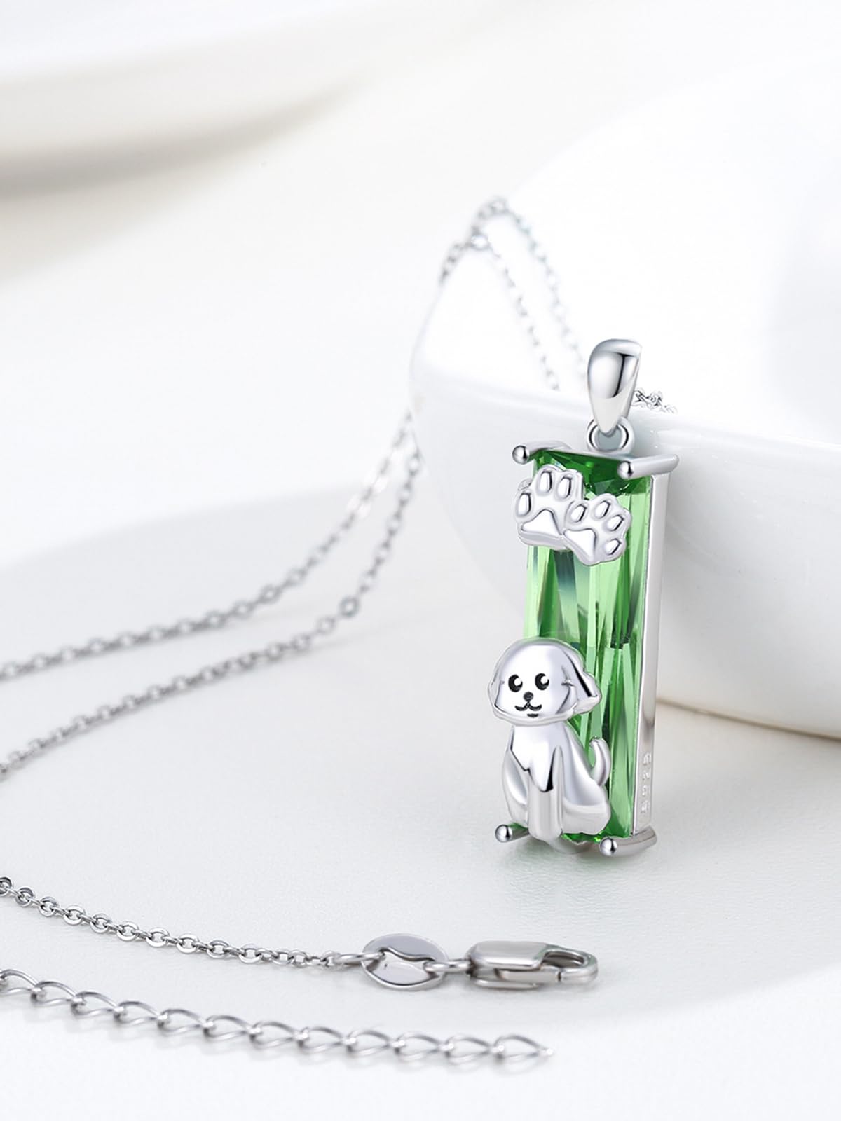 AENEAS Bichon Necklace for Women 925 Sterling Silver Green Crystal Pendant Cute Paw Animal Puppy Bichon Jewelry Gifts for Her Wife