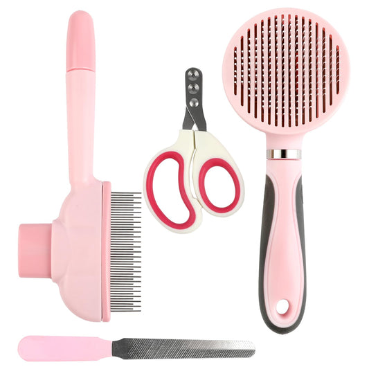 4-in-1 Cat Grooming Kit with Self-Cleaning Slicker Brush, Grooming Comb, Nail Clipper and Trimmer - Professional Deshedding and Dematting Tool Set for Cats, Dogs, Rabbits (Pink)