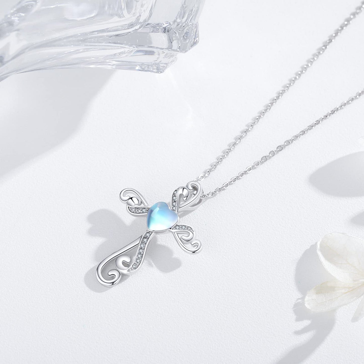 Twoowl Cross Necklace 925 Sterling Silver Moonstone Cross Pendant Necklace Religious Necklace Jewelry Gifts Christmas Birthday for Women Mom