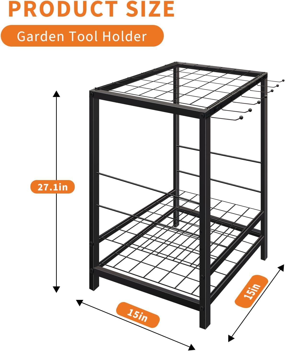 HobbyField Garden Tool Organizer, 15 * 15 * 27 Yard Tool Storage Rack for Garage, Shed, and Outdoor Use, Partitioned Tool Stand for Rakes, Shovels, Brooms, and More