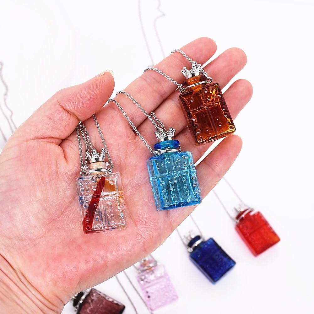 CoolDIY Handcrafted Glaze Glass Square Refillable Essential Oil Necklace Pendant - Aromatherapy Perfume Diffuser Pendant with Stainless Steel Chain (Pink)