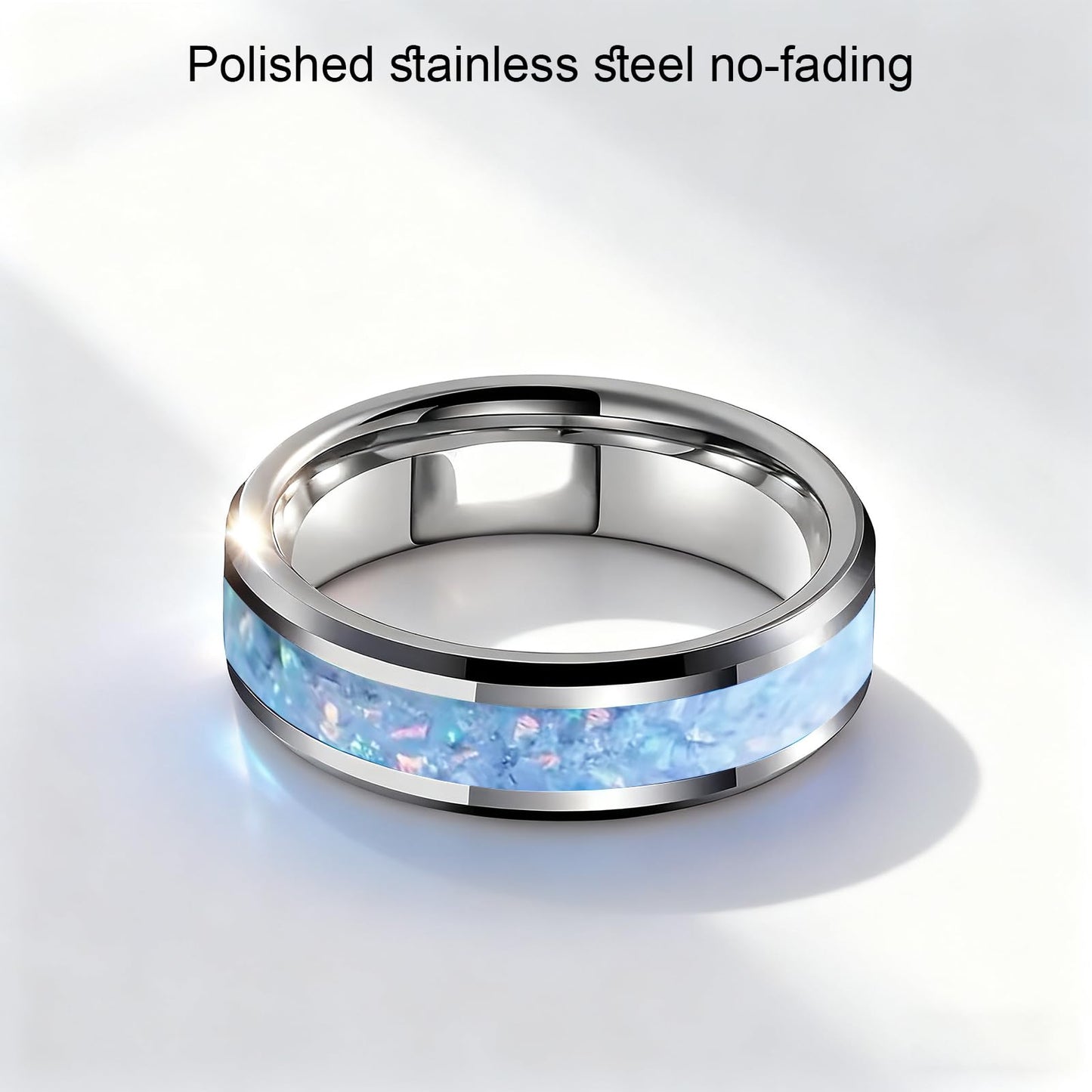 HJIMMNHONG New Opal Fashion Ring Double Beveled Edge Delicate Polished Stainless Steel Simple Mens and Women Rings, Width 8mm,Blue, Size 10