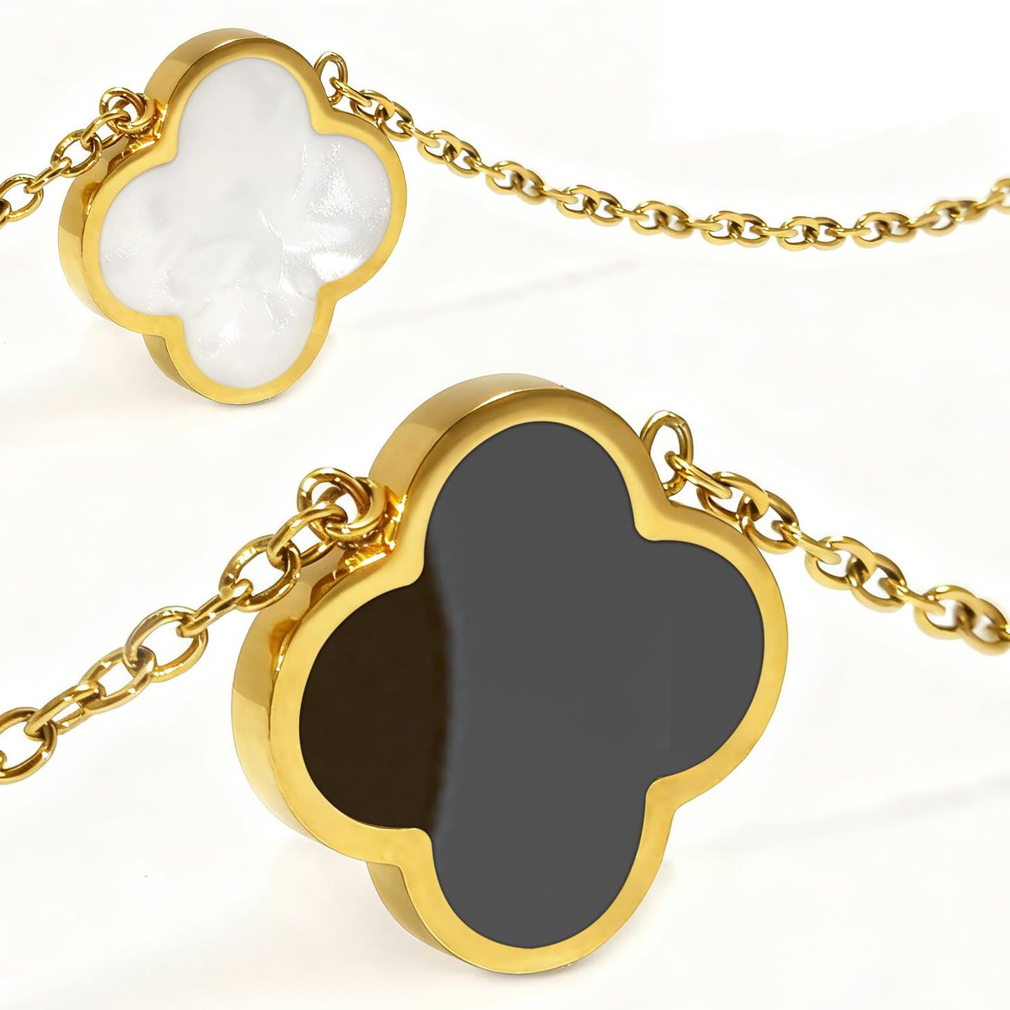 Aimétte Monette 18K Gold Plated Necklaces for Women, Dainty Lucky Four Leaf Clover Gold Necklace Set Clover Charm Necklace, Fashion Jewelry Gifts for Women Black and White