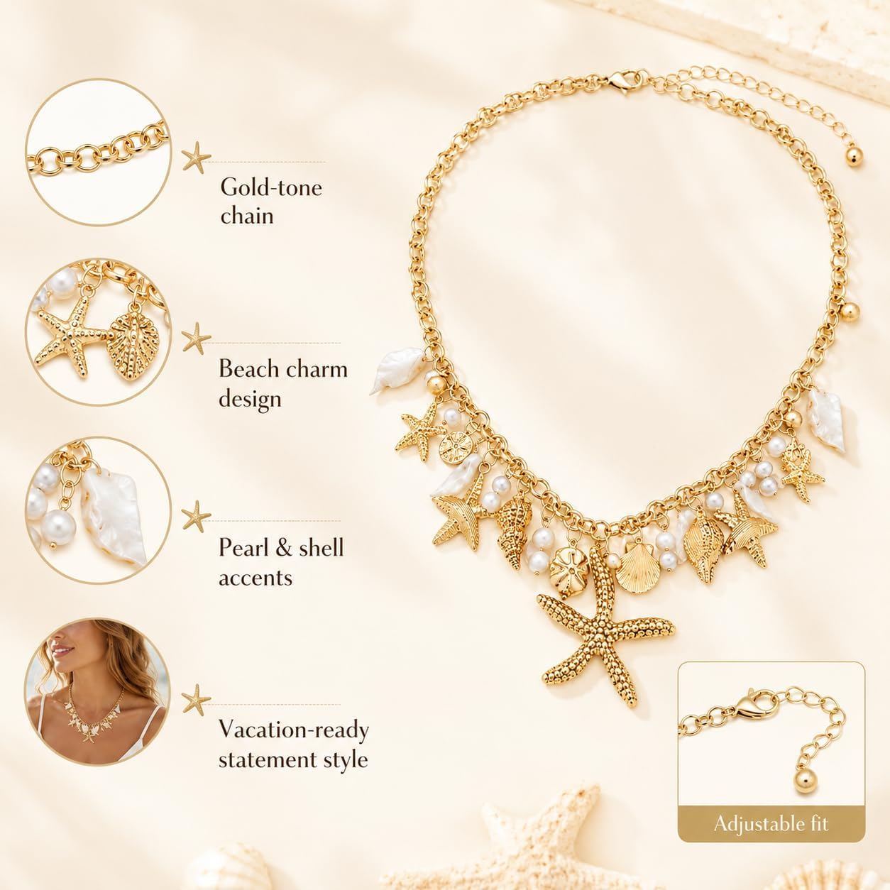 Shell Starfish Necklace for Women Gold Tone Layered Beach Jewelry Pearl Seashell Charm Adjustable Coastal Necklace for Summer Vacation Outfits Gifts
