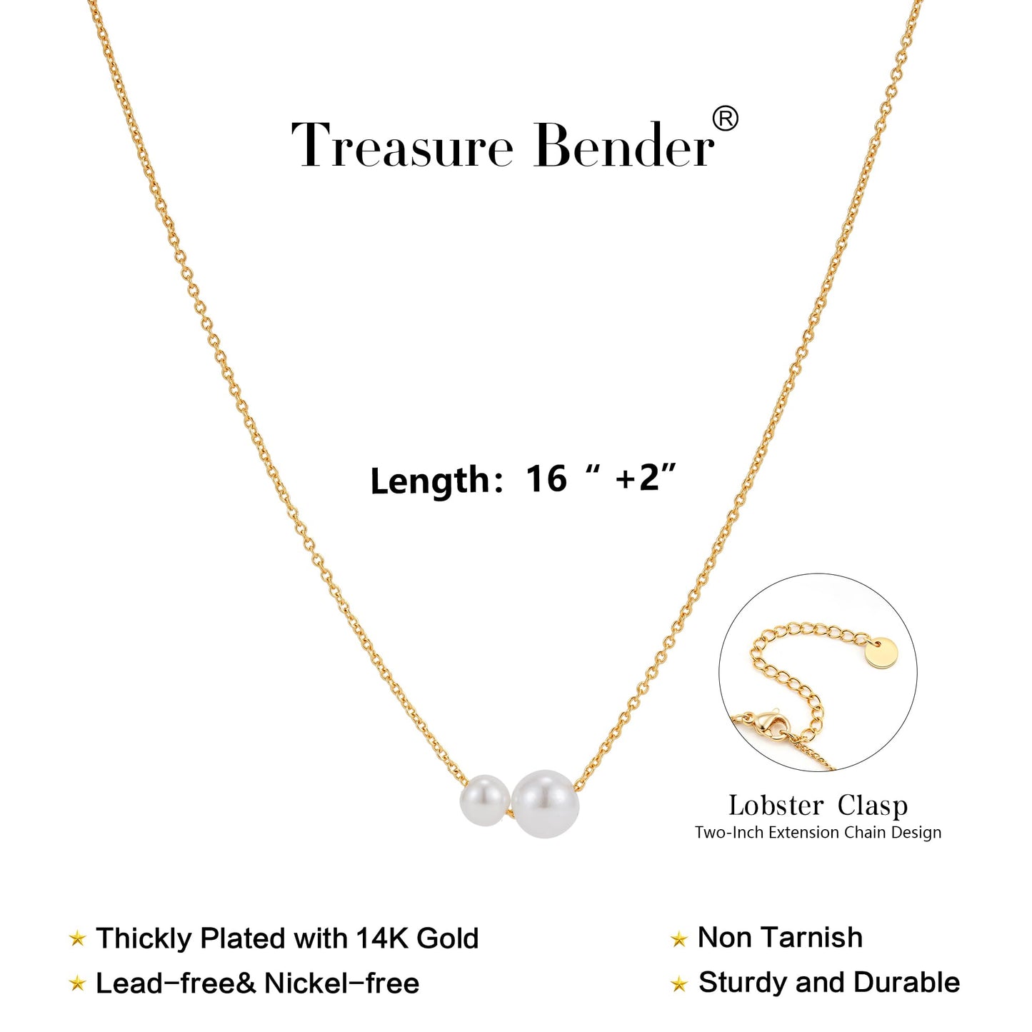 Treasure Bender Pearl Necklaces for Women Trendy, 14k Gold Plated Dainty Necklace Simple Pearl Drop Single Charm Pendant Necklace Birthday Wedding Gifts Gold Jewelry for Women