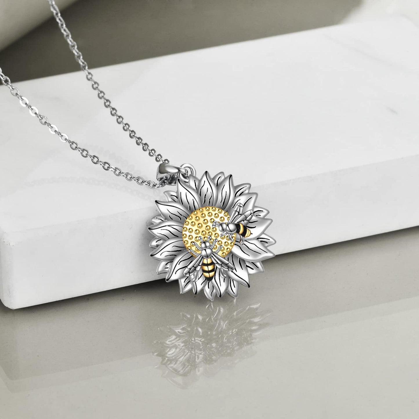 HUKKUN Sunflower Necklace Sterling Silver Sunflower with Bee Pendant Necklace You Are My Sunshine Sunflower Jewelry Gifts for Women