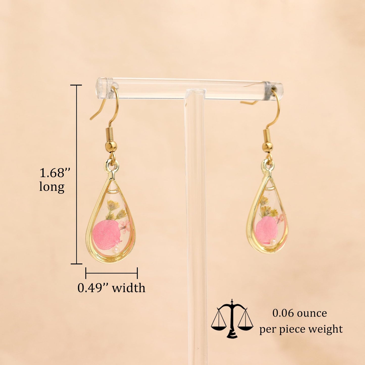 Jean Beau Handmade Pressed Flower Earrings for Women, Unique Resin Pink Dried Flowers Gold Plated Teardrop Dangle Drop Nature Floral Earings Fashion Summer Jewelry Gift