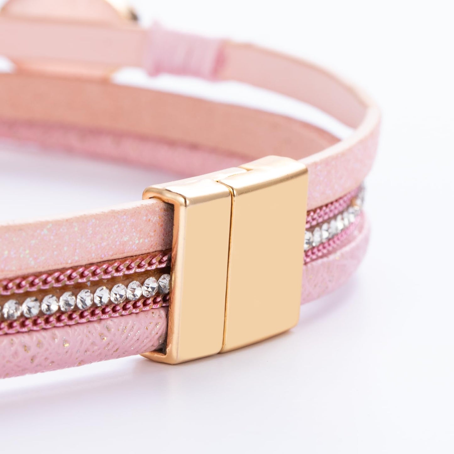 FANCY SHINY Boho Leather Wrap Bracelet Stackable Chunky Crystal Cuff Bracelets with Magnetic Clasp Cowboy Cowgirl Western Summer Beach Outfits Jewelry Gifts for Women (14.7", Pink)