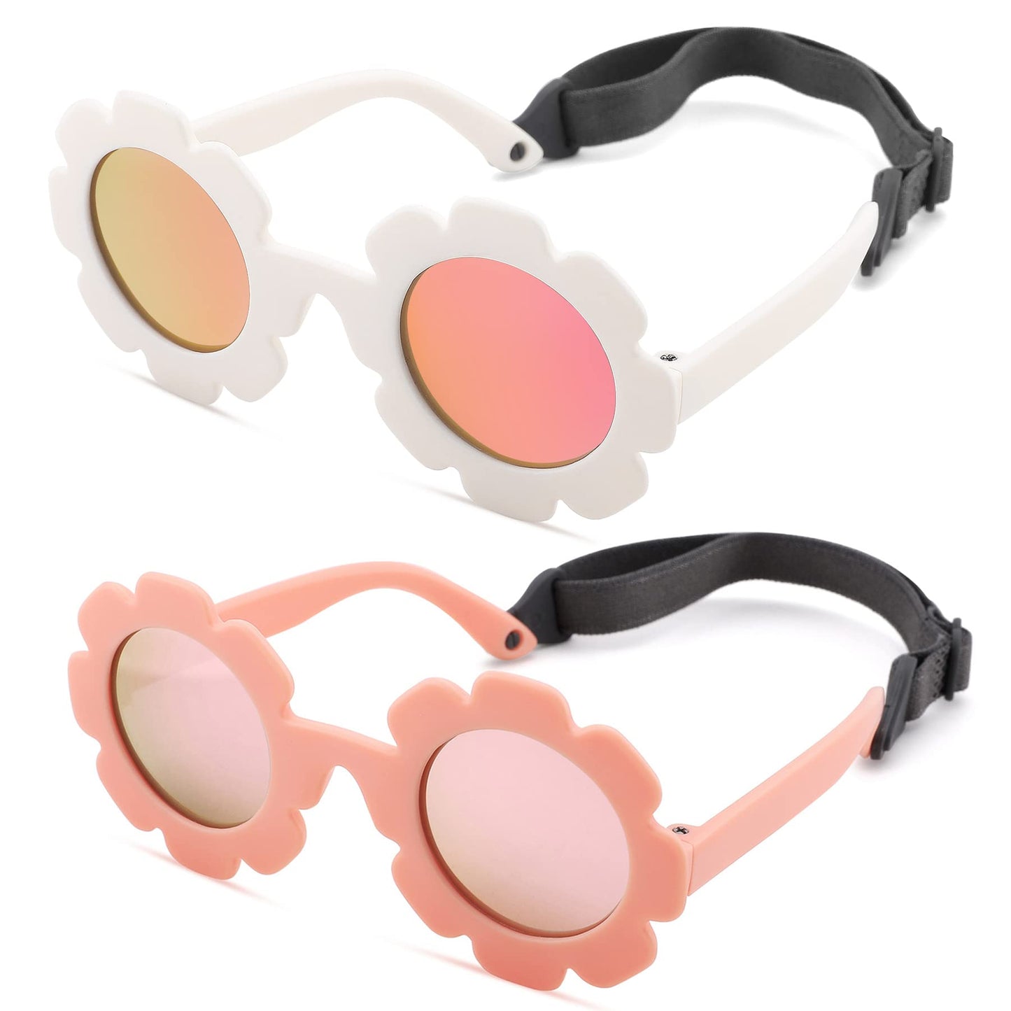 Hycredi Flexible Bendable Flower Baby Polarized Sunglasses with Strap Cute Shades for Newborn Infant Boys Girls Age 0-24 Months-White/Purple Red Mirror+Blue/Orange Red Mirror